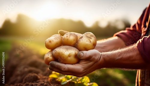 harvesting potatoes in the field at the countryside selective focus nature close up of farmer hands holding freshly dug organic potatoes