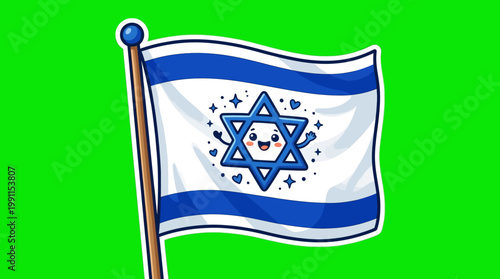 Cartoon Illustration of the Israeli Flag Waving on a Pole.