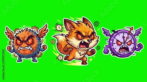 Cartoon Fox and Angry Creatures with Fiery Expressions on Green Background.