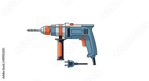 Electric Power Drill Illustration - Corded Hammer Drill Vector Icon for DIY, Construction, and Home Renovation Projects Isolated on White