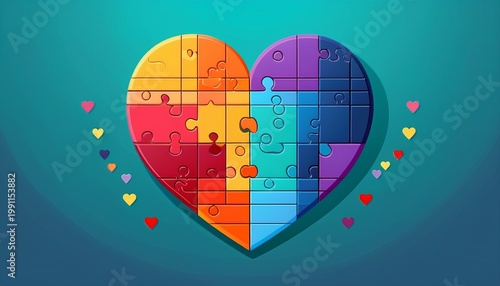 a flat design of a heart made up of different colored puzzle pieces symbolizing unity in diversity intersectionality awareness month flat design with copy space