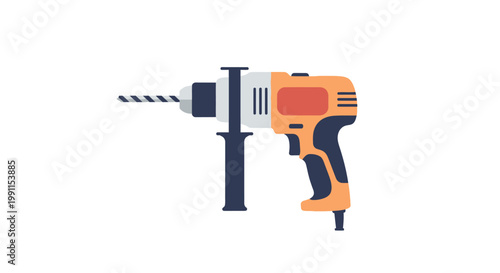Professional Electric Rotary Hammer Drill Vector Illustration, Flat Power Tool Icon for Construction, Renovation and DIY Home Improvement Projects