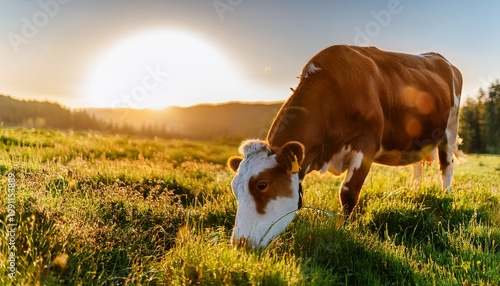 generative ai real photo close up of a cow eating grass juicy green grass in the meadow cow chews grass morning shooting time golden hour