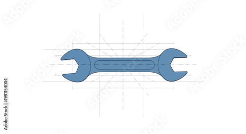 Blue Double Open-End Wrench Tool Icon over Technical Drawing and Blueprint Background. Concept for Engineering, Industrial Maintenance, and Mechanical Design.