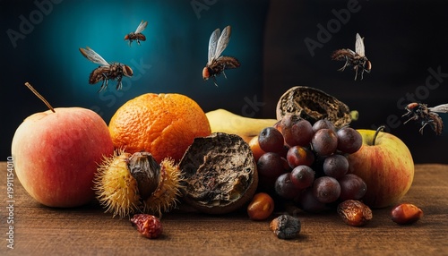 a table with rotten fruits and flies
