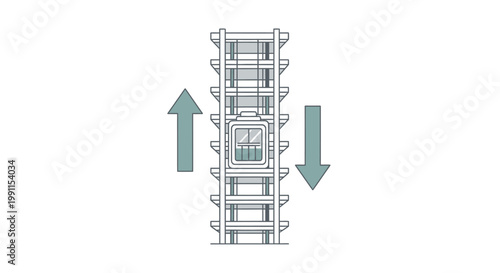 Flat Vector Illustration of an Elevator Lift with Up and Down Arrows Representing Business Growth and Decline in a Modern Building Concept