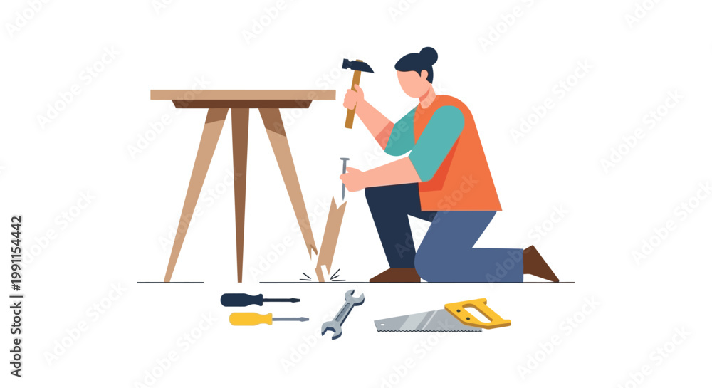 Fototapeta premium Woman Carpenter Repairing Broken Wooden Table with Hammer and Tools - DIY Home Improvement and Furniture Restoration Illustration