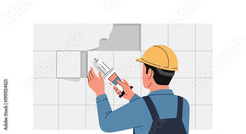 Professional handyman applying adhesive to wall tiles with a sealant gun. Vector illustration of a construction worker performing home renovation and tile repair work.