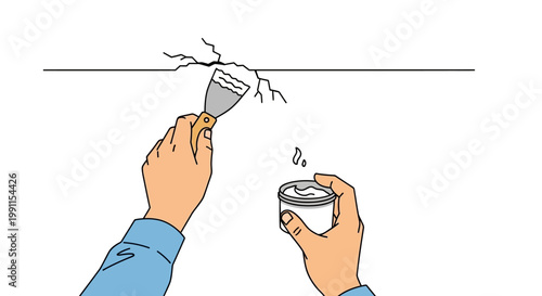 Hands Repairing a Wall Crack with Putty Knife and Filler Paste Illustration, DIY Home Maintenance and Renovation Concept