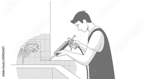 Professional Worker or Handyman Applying Silicone Sealant to Kitchen Sink with Caulking Gun, Minimalist Line Art Vector Illustration for Home Improvement and Maintenance