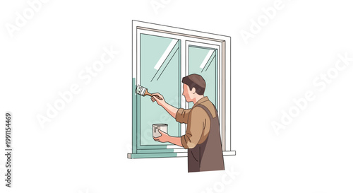 Man Painting Window Frame Illustration - Home Improvement and Renovation Services Concept