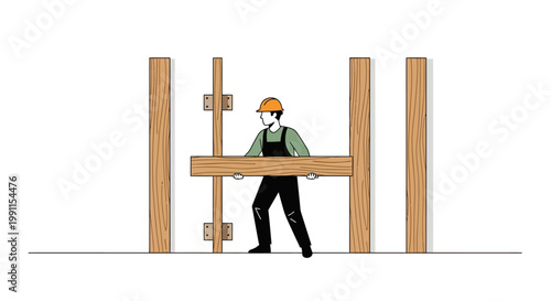 Construction Worker Carrying Wooden Plank for Building Frame, Minimalist Vector Illustration of Carpenter in Hard Hat and Overalls at a Construction Site