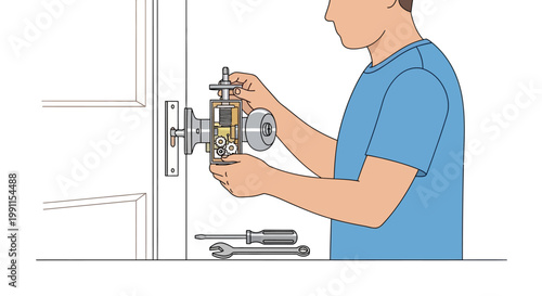 Locksmith or Handyman Installing a Door Lock Mechanism, Illustration of Home Security Repair and DIY Maintenance with Tools