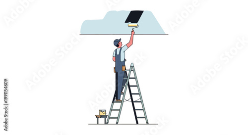Professional Painter in Overalls Standing on a Ladder and Painting a Wall with a Roller, Home Renovation and House Maintenance Concept Flat Vector Illustration