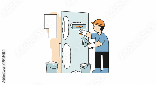 Construction Worker Plastering Wall Professional Contractor House Renovation Flat Illustration