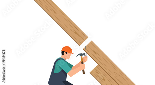 Professional Construction Worker Hammering a Nail into a Wooden Beam, Minimalist Flat Vector Illustration for Building and Home Improvement Projects