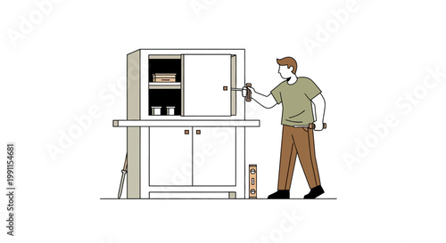 Man Repairing and Assembling Cabinet Illustration - Handyman DIY Home Improvement Concept