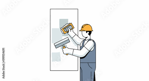 Professional Construction Worker Plastering a Wall with Trowel and Putty Knife. Minimalist Flat Vector Illustration of a Handyman Doing Masonry and Home Renovation.