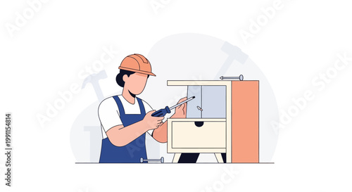 Female Carpenter in Hard Hat and Overalls Assembling Wooden Furniture with a Screwdriver, Flat Design Vector Illustration for Home Improvement and DIY Concepts