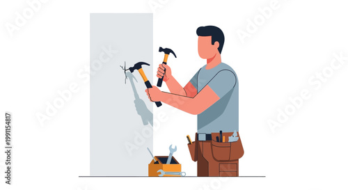 Professional Handyman Repairing a Cracked Wall with a Hammer Flat Vector Illustration