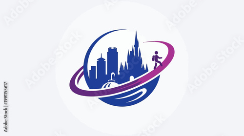 Abstract illustration of a city skyline with a person running around it.