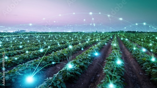 Futuristic smart agriculture field illuminated with IoT sensors and digital grid. Ultra-realistic crops meet high-tech data streams for modern sustainable farming.