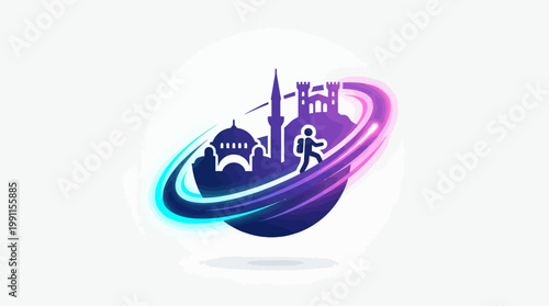 Abstract illustration of a traveler exploring iconic landmarks and monuments.