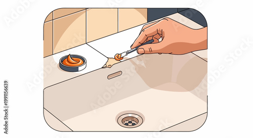 DIY Home Repair: Hand Using Spatula to Apply Filler Paste to a Cracked Ceramic Sink or Tile Countertop, Bathroom Maintenance Illustration