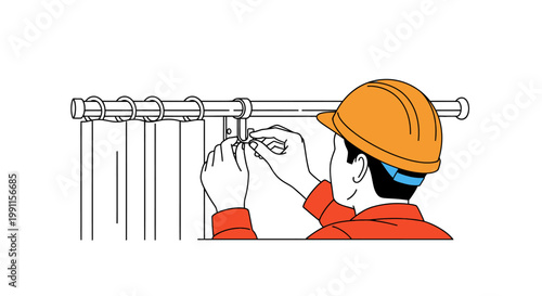 Vector Illustration of a Professional Handyman Installing Curtain Rods and Drapes