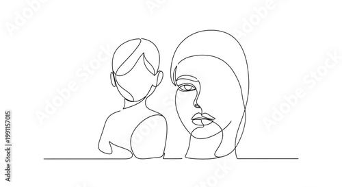 Minimalist line art of a mother and child's faces, symbolizing family and connection