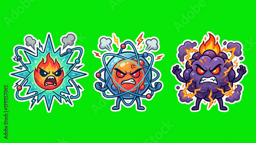 Cartoon Angry Atomic Energy Explosions with Fiery Expressions on Green Background.