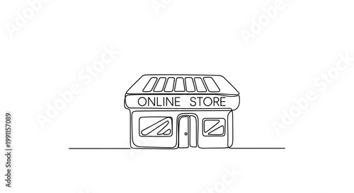 Online Store Building Facade Continuous Line Drawing, E-commerce Shop Frontage, Digital Retail Concept