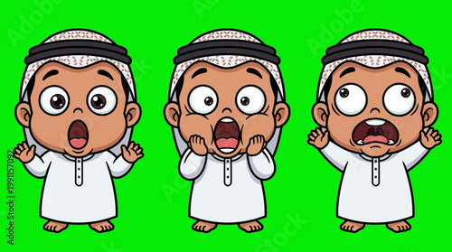 Cartoon Arab Boy Expressing Surprise and Shock in Various Poses.