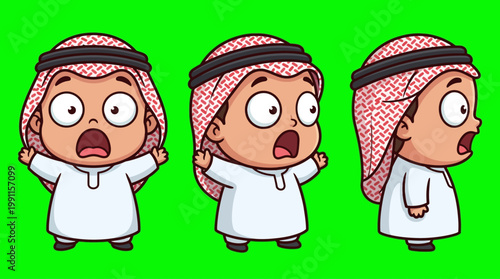 Cartoon Arab Boy Expressing Surprise in Various Poses.
