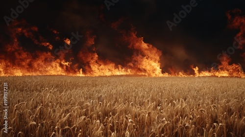 Large wildfire burning through dry wheat field with intense orange flames and dark smoke rising high into sky