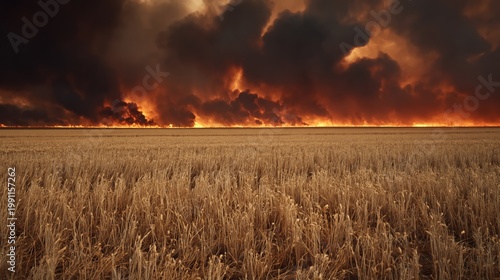 Massive wildfire engulfs dry wheat field with thick black smoke rising into orange sky at sunset