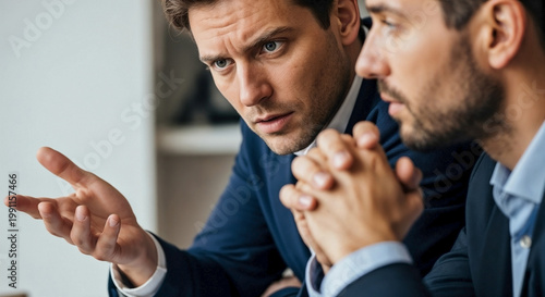 Close-up shows men with attentive expressions, hand gestures convey focused attentive discussion. Business meeting demonstrates productive attentive discussion, emphasizing active listening.