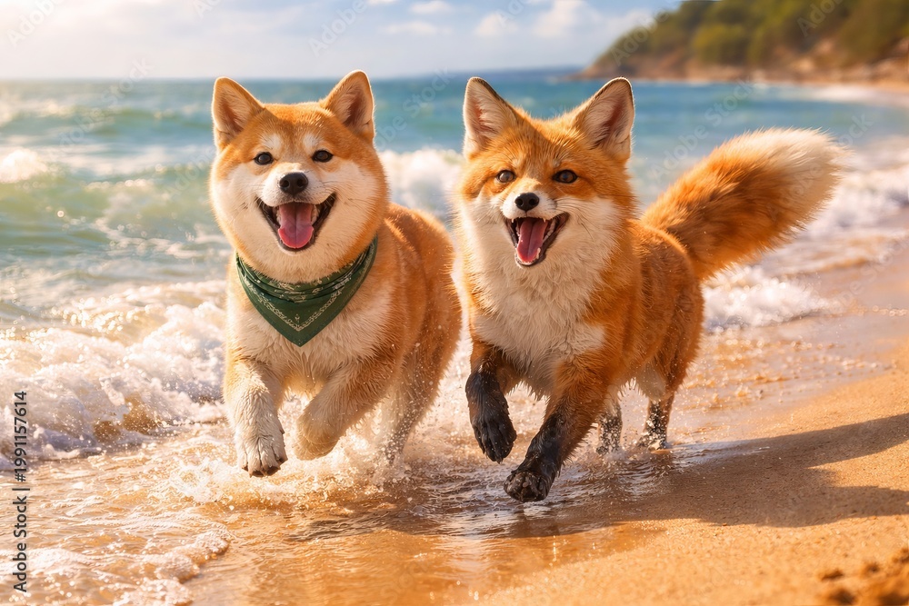 Naklejka premium Shiba inu dog and wild fox running together along sandy beach near ocean. Happy animals playing in water during sunny day. Summer vacation and wildlife friendship concept. Outdoor nature photography