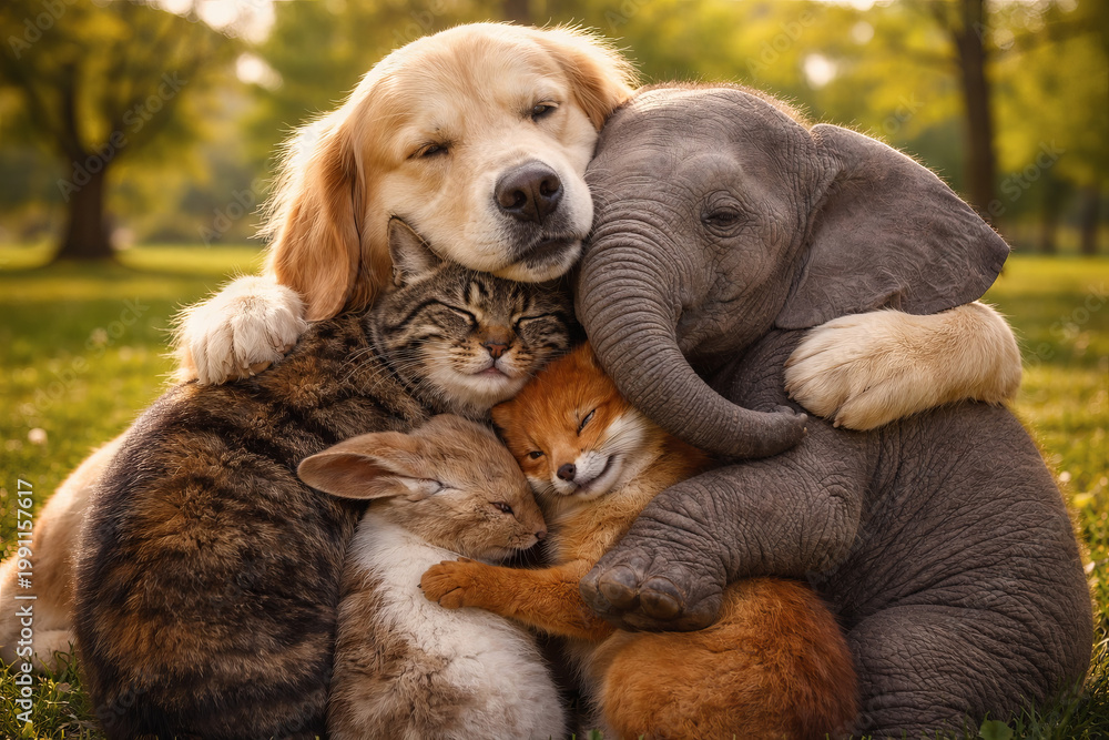 Fototapeta premium Group of cute animals hugging together in the park. Golden retriever, elephant, cat, fox, and rabbit cuddling. Concept of friendship, love, kindness, and harmony between different species in nature