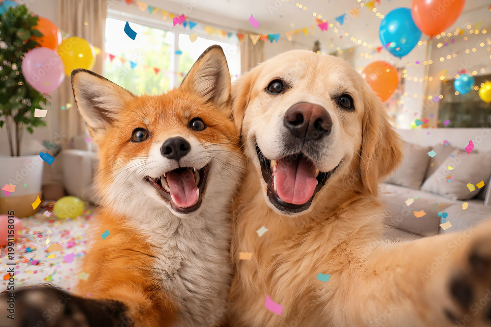 Fototapeta premium Playful dog and fox enjoying a festive party with colorful balloons and confetti in a cozy living room. concept of friendship, celebration, joyful companion animals