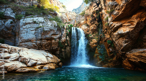 Majestic waterfall in a dramatic rocky canyon