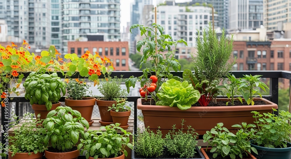Naklejka premium Urban rooftop garden with a variety of herbs, vegetables, and flowers against a city backdrop. concept of sustainable city living, gardening in urban spaces, eco-friendly lifestyle.