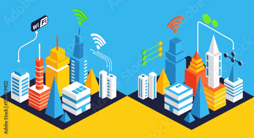 Dynamic isometric smart city concept featuring advanced network technology, sustainable energy buildings, and interconnected urban infrastructure for future living