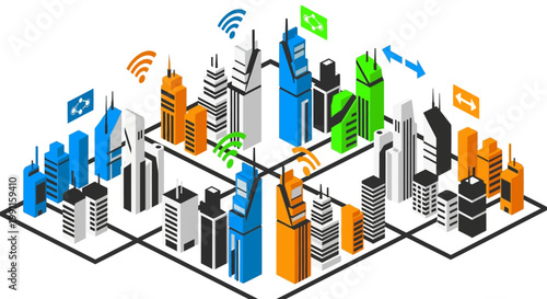 Isometric city illustration depicting a smart city with interconnected buildings and wireless connectivity