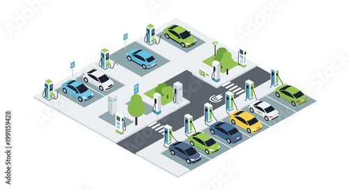 Isometric illustration of electric cars charging at a modern urban station with multiple charging points and parking spaces