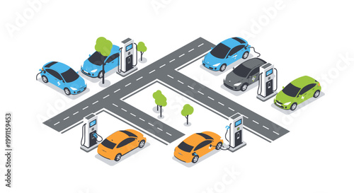 Electric Vehicle Charging Stations with Various Cars Parked in a Structured Isometric Environment