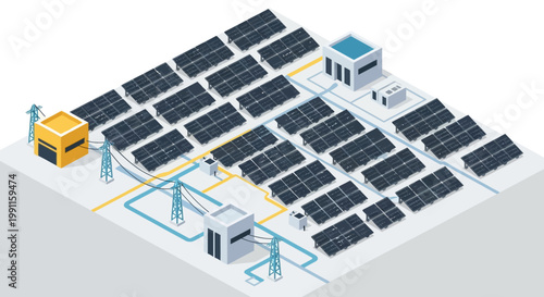 Modular isometric solar energy complex showcasing sustainable power generation, eco-friendly electricity infrastructure, and smart grid technology for renewable solutions