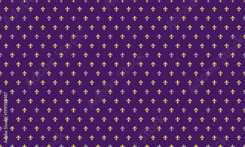 Elegant purple background with a repeating pattern of small fleurdelis in subtle purple and gold hues.