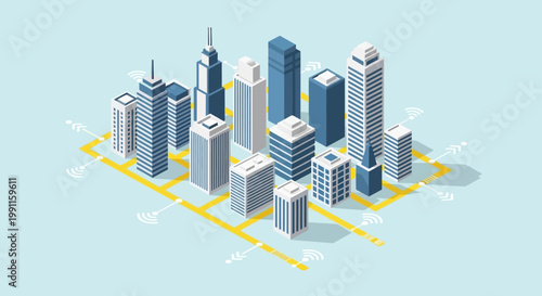 Isometric city skyline with modern skyscrapers and urban infrastructure depicted in a clean, geometric style