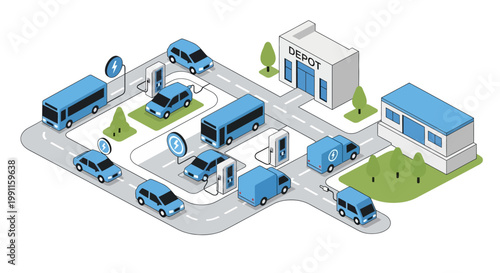 Isometric visualization of electric vehicles charging at a depot with multiple charging stations and various vehicle types